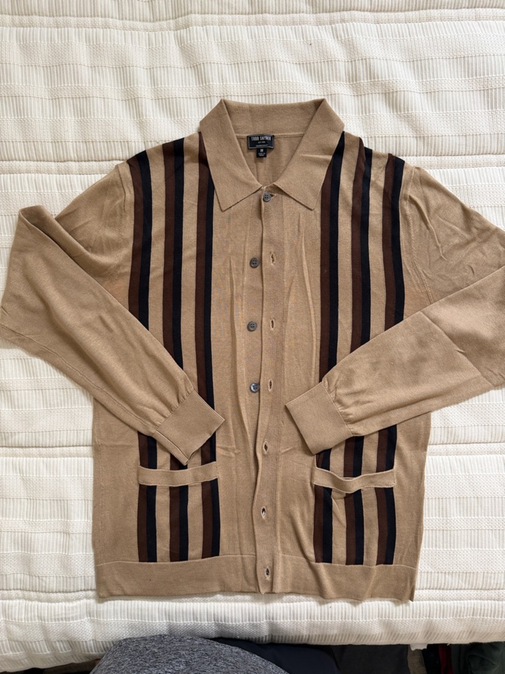 Todd Snyder Men's Tan Cardigan with Brown and Black Stripes